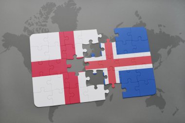 bir dünya haritası arka plan üzerinde İngiltere ve İzlanda ulusal bayrağı ile bulmaca.