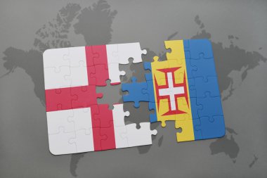 bir dünya haritası arka plan üzerinde İngiltere ve madeira ulusal bayrağı ile bulmaca.