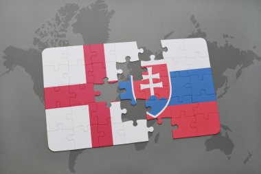 bir dünya haritası arka plan üzerinde İngiltere ve Slovakya ulusal bayrağı ile bulmaca.