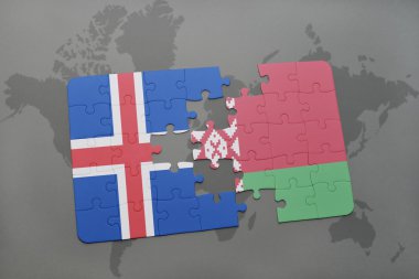 bir dünya haritası arka plan üzerinde İzlanda ve Beyaz Rusya ulusal bayrağı ile bulmaca.