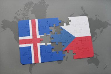 bir dünya haritası arka plan üzerinde İzlanda ve Çek Cumhuriyeti ulusal bayrağı ile bulmaca.