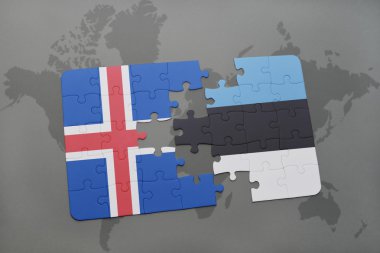 bir dünya haritası arka plan üzerinde İzlanda ve Estonya ulusal bayrağı ile bulmaca.