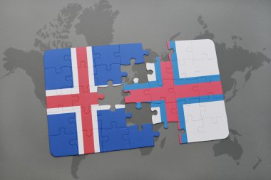 bir dünya haritası arka plan üzerinde İzlanda ve faroe adaların ulusal bayrağı ile bulmaca.