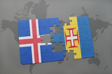 İzlanda ulusal bayrağı ve madeira ile bulmaca bir dünya haritası arka plan üzerinde.