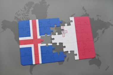 bir dünya haritası arka plan üzerinde İzlanda ve Malta ulusal bayrağı ile bulmaca.