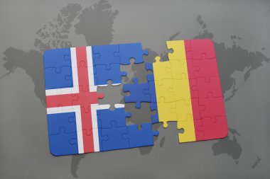 bir dünya haritası arka plan üzerinde İzlanda ve Romanya ulusal bayrağı ile bulmaca.