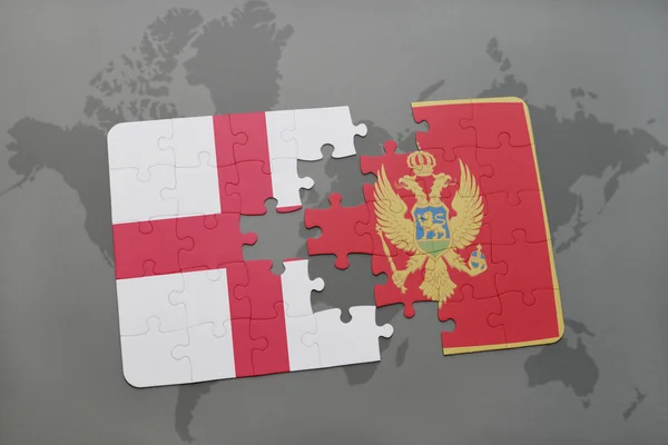 Rompecabezas con la bandera nacional de Inglaterra y Montenegro en un mapa del mundo fondo . — Foto de Stock