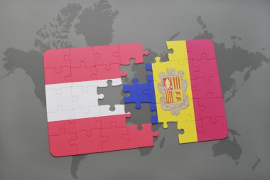 bir dünya haritası arka plan üzerinde Avusturya ve andorra ulusal bayrağı ile bulmaca.