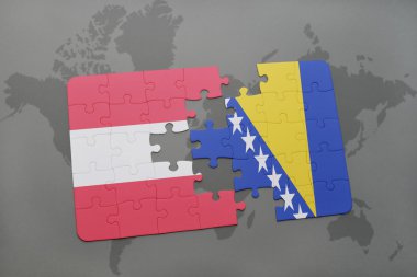 bir dünya haritası arka plan üzerinde Avusturya ve Bosna-Hersek ulusal bayrağı ile bulmaca.