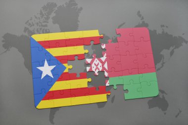 bir dünya haritası arka plan üzerinde Katalonya ve Beyaz Rusya ulusal bayrağı ile bulmaca.