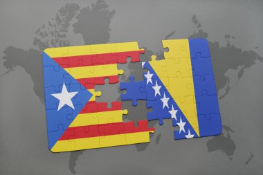 bir dünya haritası arka plan üzerinde Katalonya ve Bosna-Hersek ulusal bayrağı ile bulmaca.