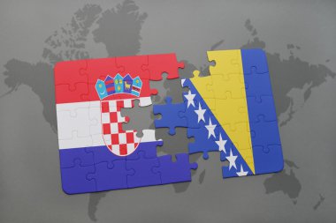 bir dünya haritası arka plan üzerinde hırvatistan ve bosna-hersek ulusal bayrağı ile bulmaca.
