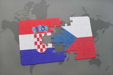 bir dünya haritası arka plan üzerinde Hırvatistan ve Çek Cumhuriyeti ulusal bayrağı ile bulmaca.