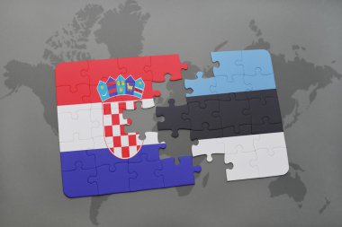 bir dünya haritası arka plan üzerinde Hırvatistan ve Estonya ulusal bayrağı ile bulmaca.