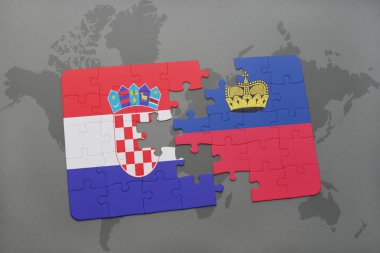 bir dünya haritası arka plan üzerinde hırvatistan ve liechtenstein ulusal bayrağı ile bulmaca.