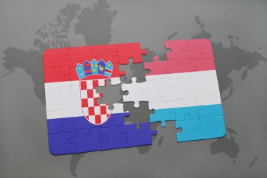 bir dünya haritası arka plan üzerinde hırvatistan ve lüksemburg ulusal bayrağı ile bulmaca.