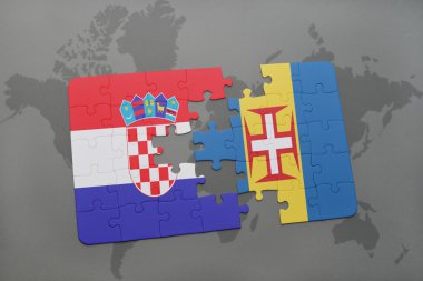 bir dünya haritası arka plan üzerinde hırvatistan ve madeira ulusal bayrağı ile bulmaca.