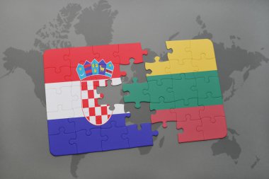 bir dünya haritası arka plan üzerinde Hırvatistan ve Litvanya ulusal bayrağı ile bulmaca.