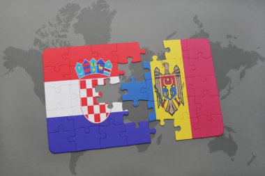 bir dünya haritası arka plan üzerinde hırvatistan ve moldova ulusal bayrağı ile bulmaca.