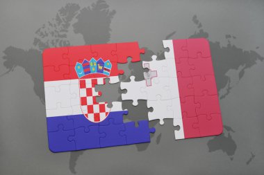 bir dünya haritası arka plan üzerinde hırvatistan ve malta ulusal bayrağı ile bulmaca.