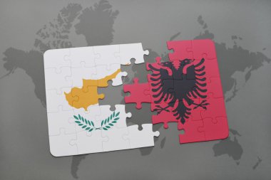 bir dünya haritası arka plan üzerinde Kıbrıs ve Arnavutluk ulusal bayrağı ile bulmaca.