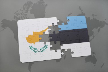 bir dünya haritası arka plan üzerinde Kıbrıs ve Estonya ulusal bayrağı ile bulmaca.