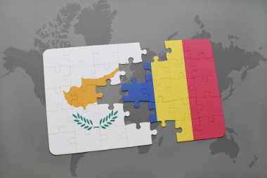bir dünya haritası arka plan üzerinde Kıbrıs ve Romanya ulusal bayrağı ile bulmaca.