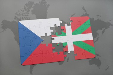 bir dünya haritası arka plan üzerinde Çek Cumhuriyeti ve Bask ülkesinin ulusal bayrağı ile bulmaca.