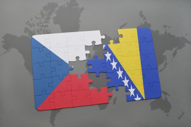 bir dünya haritası arka plan üzerinde Çek Cumhuriyeti ve Bosna-Hersek ulusal bayrağı ile bulmaca.
