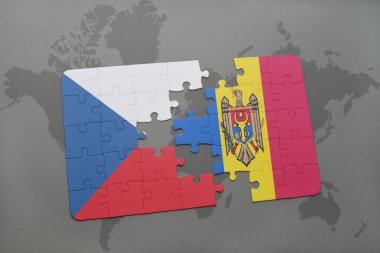 bir dünya haritası arka plan üzerinde Çek Cumhuriyeti ve Moldova ulusal bayrağı ile bulmaca.