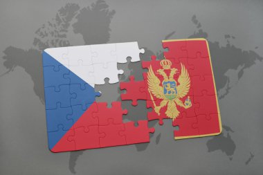 bir dünya haritası arka plan üzerinde Çek Cumhuriyeti ve Karadağ ulusal bayrağı ile bulmaca.