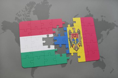 Macaristan ve dünya harita arka plan üzerinde moldova bayrağı ile bulmaca.