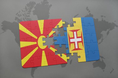 Makedonya ve madeira dünya harita arka plan üzerinde bayrağı ile bulmaca.