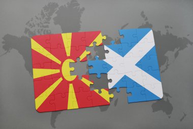 Makedonya ve İskoçya ulusal bayrak dünya harita arka plan üzerinde ile bulmaca.