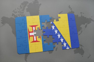 madeira ve Bosna-Hersek ulusal bayrak dünya harita arka plan üzerinde ile bulmaca.
