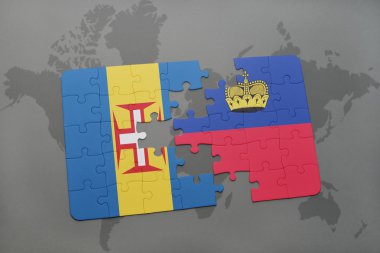 madeira ve liechtenstein ulusal bayrak dünya harita arka plan üzerinde ile bulmaca.