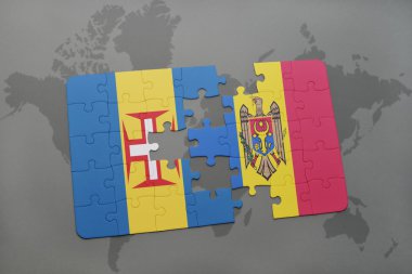 madeira ve dünya harita arka plan üzerinde moldova bayrağı ile bulmaca.