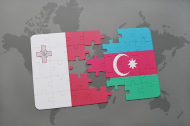 malta ve Azerbaycan ulusal bayrak dünya harita arka plan üzerinde ile bulmaca.