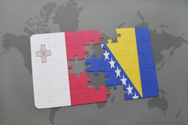 malta ve Bosna-Hersek ulusal bayrak dünya harita arka plan üzerinde ile bulmaca.