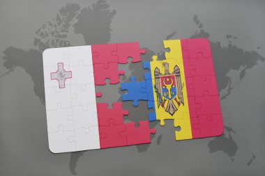 malta ve dünya harita arka plan üzerinde moldova bayrağı ile bulmaca.