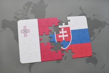 malta ve Slovakya ulusal bayrak dünya harita arka plan üzerinde ile bulmaca.