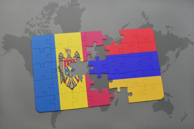 moldova ve Ermenistan Ulusal bayrak dünya harita arka plan üzerinde ile bulmaca.