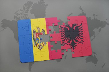 moldova ve Arnavutluk ulusal bayrak dünya harita arka plan üzerinde ile bulmaca.