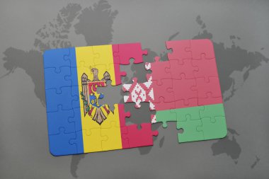 Dünya harita arka plan üzerinde Beyaz Rusya ve moldova bayrağı ulusal ile bulmaca.