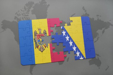 moldova ve Bosna-Hersek ulusal bayrak dünya harita arka plan üzerinde ile bulmaca.