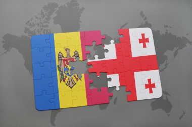 moldova ve Gürcistan ulusal bayrak dünya harita arka plan üzerinde ile bulmaca.