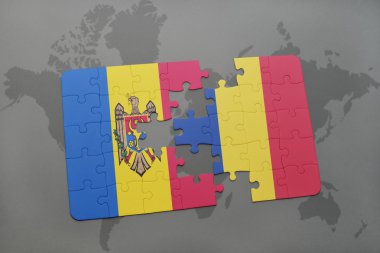 moldova ve Romanya ulusal bayrak dünya harita arka plan üzerinde ile bulmaca.