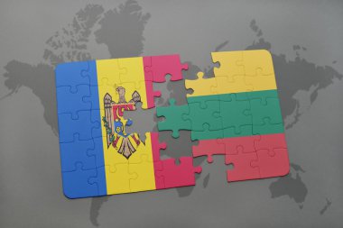 Dünya harita arka plan üzerinde moldova ve Litvanya Ulusal bayrakla bulmaca.