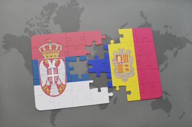 Dünya harita arka plan üzerinde Sırbistan ve andorra bayrağı ulusal ile bulmaca.