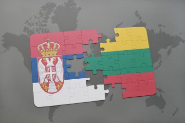 Dünya harita arka plan üzerinde Sırbistan ve Litvanya Ulusal bayrakla bulmaca.